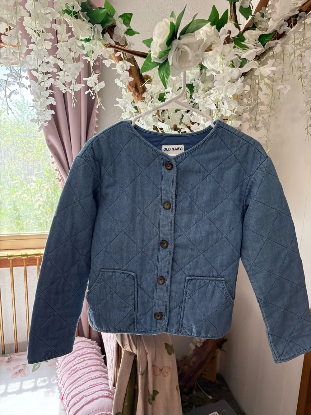 Old Navy Girls' Quilted Chambray Button-Front Jacket - Light Blue